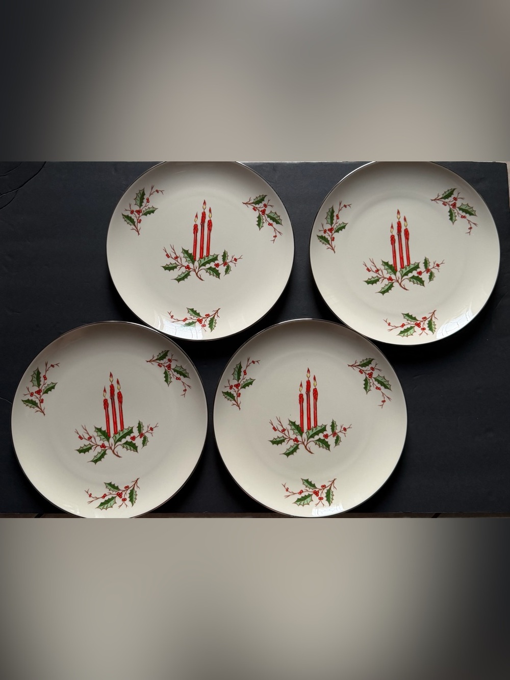 Four Ridgewood Fine Arts China Christmas Dinner Plates 10.5 Holly Berry Candles